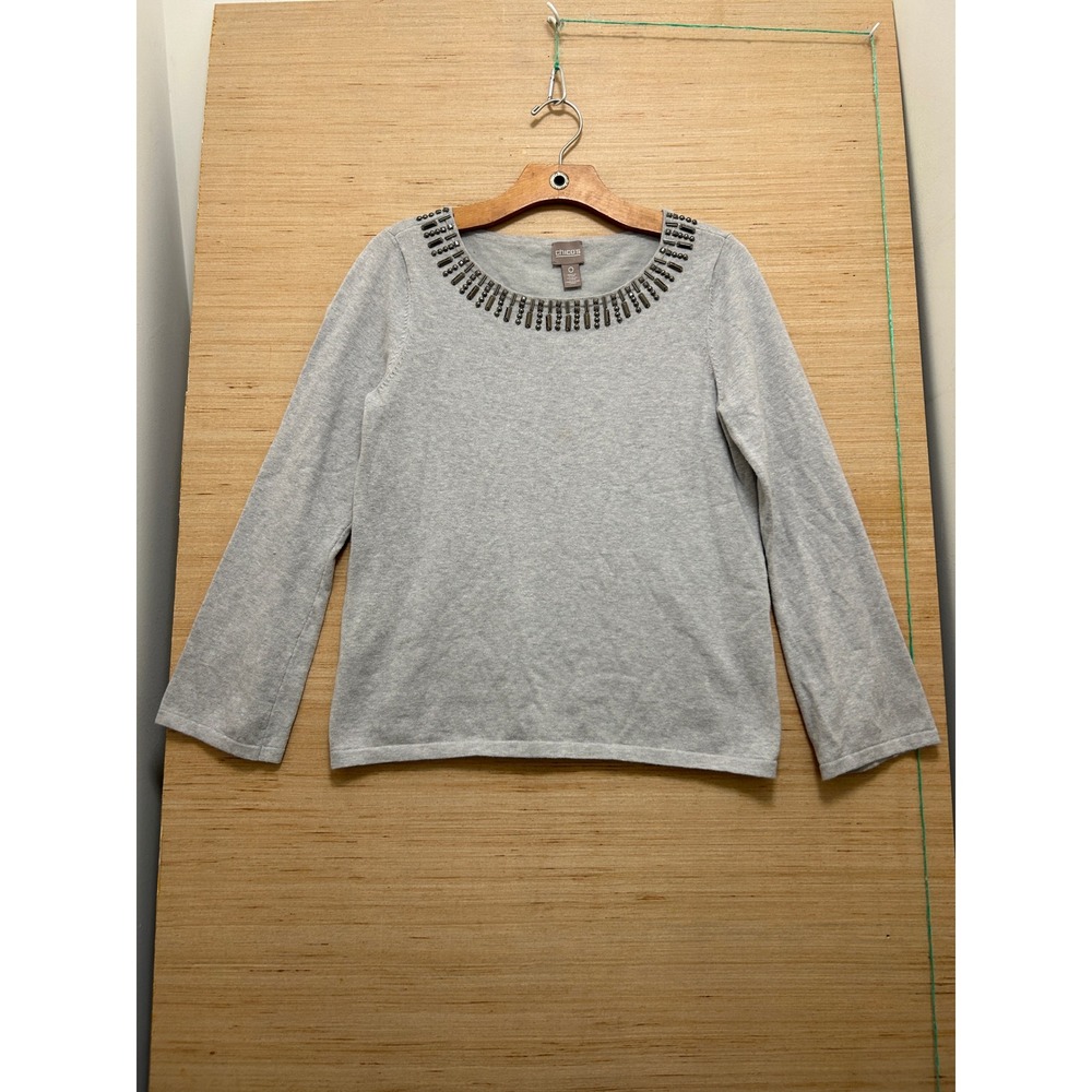 Chicos Gray Embellished Neckline Knit Sweater Long Sleeve Beaded Top Size 0 S